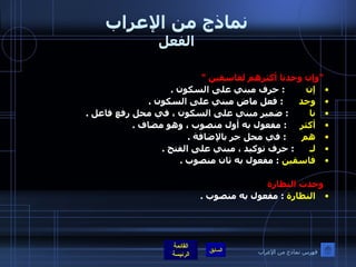 نماذج من الإعراب الفعل   " وإن وجدنا أكثرهم لفاسقين  "  إن          :  حرف مبني على السكون  . وجد        :  فعل ماض مبني على السكون  .  نا          :  ضمير مبني على السكون ، في محل رفع فاعل  .  أكثر       :  مفعول به أول منصوب ، وهو مضاف  . هم        :  في محل جر بالإضافة  .  لـ        :  حرف توكيد ، مبني على الفتح  .  فاسقين   :  مفعول به ثان منصوب  .    وجدت النظارة  النظارة   :  مفعول به منصوب  . فهرس نماذج من الإعراب 