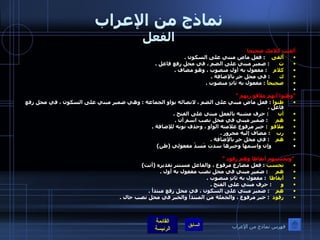 نماذج من الإعراب الفعل ألقيت كلامك صحيحا  ألقى      :  فعل ماض مبني على السكون  . ت        :  ضمير مبني على الضم ، في محل رفع فاعل  . كلام      :  مفعول به أول منصوب ، وهو مضاف  . ك        :  في محل جر بالإضافة  .  صحيحاً   :  مفعول به ثانٍ منصوب  .   " وظنوا أنهم ملاقو ربهم  "  ظنوا   :  فعل ماض مبني على الضم ، لاتصاله بواو الجماعة  :  وهي ضمير مبني على السكون ، في محل رفع فاعل  .  أن        :  حرف مشبه بالفعل مبني على الفتح  .  هم       :  ضمير مبني في محل نصب اسم أن  . ملاقو    :  خبر مرفوع علامته الواو ، وحذف نونه للإضافة  .  رب      :  مضاف إليه مجرور  .  هم      :  في محل جر بالإضافة  .           وإن واسمها وخبرها سدت مَسدّ مفعولي  ( ظن )    " وتحسبهم أيقاظا وهم رقود  "  تحسب   :  فعل مضارع مرفوع ، والفاعل مستتر تقديره  ( أنت )  هم       :  ضمير مبني في محل نصب مفعول به أول  . أيقاظا    :  مفعول به ثانٍ منصوب  .  و        :  حرف مبني على الفتح  .  هم      :  ضمير مبني على السكون ، في محل رفع مبتدأ  . رقود    :  خبر مرفوع ، والجملة من المبتدأ والخبر في محل نصب حال  .     فهرس نماذج من الإعراب 