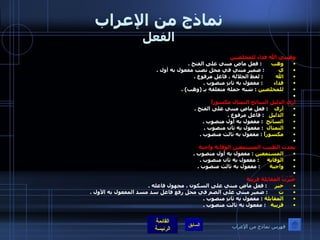 نماذج من الإعراب الفعل وهبني الله فداء للمخلصين  وهب        :  فعل ماض مبني على الفتح  . ي           :  ضمير مبني في محل نصب مفعول به أول  . الله          :  لفظ الجلالة ، فاعل مرفوع  . فداء         :  مفعول به ثانٍ منصوب  . للمخلصين   :  شبه جملة متعلقة بـ  ( وهب ) .   أرى الدليل السائح التمثال مكسوراً  أرى      :  فعل ماض مبني على الفتح  . الدليل     :  فاعل مرفوع  . السائح    :  مفعول به أول منصوب  . التمثال    :  مفعول به ثان منصوب  . مكسوراً   :  مفعول به ثالث منصوب  .     يحدث الطبيب المستمعين الوقاية واجبة  المستمعين   :  مفعول به أول منصوب  . الوقاية       :  مفعول به ثان منصوب  . واجبة        :  مفعول به ثالث منصوب  .   خُبِّرْتُ المقابلة قريبة خبر       :  فعل ماض مبني على السكون ، مجهول فاعله  . ت         :  ضمير مبني على الضم في محل رفع فاعل سد مسد المفعول به الأول  . المقابلة   :  مفعول به ثانٍ منصوب  .  قريبة     :  مفعول به ثالث منصوب  .  فهرس نماذج من الإعراب 