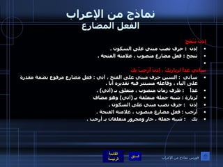 نماذج من الإعراب الفعل المضارع إذنْ تَنْجَحَ إذن   :  حرف نصب مبني على السكون  .  تنجح  :  فعل مضارع منصوب ، علامته الفتحة  .    سآتي غداً لزيارتِكَ ، إذنْ أُرَحِبَّ بِكَ سآتي   :  السين حرف مبني على الفتح ، آتي  :  فعل مضارع مرفوع بضمة مقدرة على الياء ، وفاعله مستتر فيه تقديره أنا  .  غداً     :  ظرف زمان منصوب ، متعلق بـ  ( آتي ) .  لزيارة  :  شبه جملة متعلقة بـِ  ( آتي )  وهو مضاف  إذن    :  حرف نصب مبني على السكون  .  أرحب  :  فعل مضارع منصوب ، علامته الفتحة  .  بك     :  شبه جملة ، جار ومجرور متعلقان بـ أرحب  .   فهرس نماذج من الإعراب 