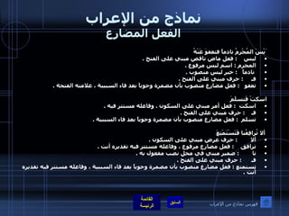 نماذج من الإعراب الفعل المضارع َيْسَ المُجْرِمُ نادماً فتعفوَ عَنْهُ ليس     :  فعل ماض ناقص مبني على الفتح  .  المجرم  :  اسم ليس مرفوع  . نادماً    :  خبر ليس منصوب  .  فـ      :  حرف مبني على الفتح  .  تعفو    :  فعل مضارع منصوب بأن مضمرة وجوباً بعد فاء السببية ، علامته الفتحة  .   اسكتْ فَتسلَمَ  اسكت   :  فعل أمر مبني على السكون  .  وفاعله مستتر فيه  . فـ     :  حرف مبني على الفتح  .  تسلم   :  فعل مضارع منصوب بأن مضمرة وجوباً بعد فاء السببية  .     ألا تُرافِقُنا فَتَسْتَمْتِعَ ألا         :  حرف عرض مبني على السكون  .  ترافق     :  فعل مضارع مرفوع ، وفاعله مستتر فيه تقديره أنت  .  نا         :  ضمير مبني في محل نصب مفعول به  .  فـ       :  حرف مبني على الفتح  .  تستمتع  :  فعل مضارع منصوب بأن مضمرة وجوباً بعد فاء السببية ، وفاعله مستتر فيه تقديره أنت  .    فهرس نماذج من الإعراب 