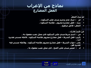 نماذج من الإعراب الفعل المضارع لمْ ينزلْ المطرُ لم     :  حرف نفي وجزم مبني على السكون  .  ينزل   :  فعل مضارع مجزوم ، علامته السكون  .  المطر  :  فاعل مرفوع  .  مَنْ تكرمُ يُقَدّرك  .  من   :  اسم شرط مبني على السكون في محل نصب مفعول به  .  تكرم  :  فعل الشرط – فعل مضارع مجزوم علامته السكون  .  فاعله مستتر تقديره أنت  .  يقدر  :  جواب الشرط – فعل مضارع مجزوم علامته السكون  .  وفاعله مستتر فيه تقديره هو  .  ك     :   ضمير مبني على الفتح ، في محل نصب مفعول به  .  فهرس نماذج من الإعراب 