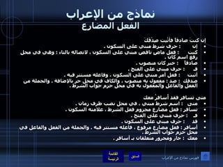 نماذج من الإعراب الفعل المضارع إن كنتَ صادقاً فأثْبِت صِدْقَكَ إن         :  حرف شرط مبني على السكون  .  كنت       :  فعل ماضٍ ناقص مبني على السكون ، لاتصاله بالتاء  :  وهي في محل رفع اسم كان  .  صادقاً     :  خبر كان منصوب  .  فـ       :  حرف مبني على الفتح  .  أثبت      :  فعل أمر مبني على السكون ، وفاعله مستتر فيه  .  صدقك   :  صد  :  مفعول به منصوب ، والكاف في محل جر بالإضافة  .  والجملة من الفعل والفاعل والمفعول به في محل جزم جواب الشرط  .    متى تسافر فقد أُسافرُ معك متى    :  اسم شرط مبني ، في محل نصب ظرف زمان  .  تسافر  :  فعل مضارع مجزوم فعل الشرط ، علامته السكون  .  فـ     :  حرف مبني على الفتح  .  قد      :  حرف مبني على السكون  .  أسافر  :  فعل مضارع مرفوع ، فاعله مستتر فيه  .  والجملة من الفعل والفاعل في محل جزم جواب الشرط  .  معك   :  جار ومجرور متعلقان بـ أسافر  .  فهرس نماذج من الإعراب 