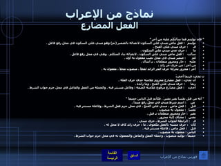 نماذج من الإعراب الفعل المضارع "  فإن توليتم فما سألتُكُم عليهِ من أجرٍ ” توليتم    :  فعل ماضٍ مبني على السكون لاتصاله بالضمير  ( ثم )  وهو مبني على السكون في محل رفع فاعل  .  فـ       :  حرف مبني على الفتح  .  ما        :  حرف نفي مبني على السكون  .  سألت     :  فعل ماض مبني على السكون ، لاتصاله بتاء المتكلم ، وهي في محل رفع فاعل  .  كم        :  ضمير مبني في محل نصب مفعول به أول  .  عليه     :  جار ومجرور متعلقان ، بـ أسأل  .  من أجر  :  من حرف جر زائد ،  أجر  :  مجرور بحركة حرف الجر الزائد لفظاً ، منصوب محلاً ، مفعول به  .      ن تجيءَ فربما أُجيءُ   أن تجيء  :  فعل مضارع مجزوم علامته حذف حرف العلة  .  ربما       :  حرف مبني على الفتح ، وما زائدة  .  أجيء     :  فعل مضارع مرفوع علامته الضمة  :  وفاعل مستتر فيه  .  والجملة من الفعل والفاعل في محل جزم جواب الشرط  .  "  أنه من قتل نفْساً بغيرِ نفسْ  .  فكأنم قتلَ الناسَ جميعاً  "   من      :  اسم شرط مبني في محل رفع مبتدأ  .  قتل      :  فعل ماضٍ ، مبني على الفتح ، في محل جزم فعل الشرط ، وفاعله مستتر فيه  .  نفساً    :  مفعول به منصوب  .  بغير    :  جار ومجرور متعلقان بـ قتل  .  نفس    :  مضاف إليه مجرور  .  فـ     :  الرابطة لجواب الشرط ، حرف مبني  .  كأن    :  حرف مشبه بالفعل مكفوف  .  ما  :  حرف زائد كاف لا محل له  .  قتل     :  فعل ماض ، فاعله مستتر فيه  .  الناس  :  مفعول به منصوب  .  جميعاً  :  توكيد منصوب  .  وجملة الفعل والفاعل والمفعول به في محل جزم جواب الشرط  .  فهرس نماذج من الإعراب 