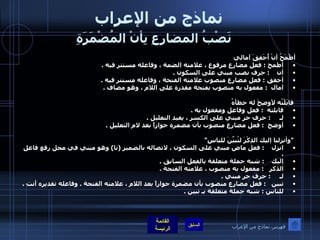 نماذج من الإعراب   نَصْبُ المضارِعِ بِأنْ المُضْمَرَةِ   أطْمَحُ أنْ أُحَقِقَ آمالي أطمح  :  فعل مضارع مرفوع ، علامته الضمة ، وفاعله مستتر فيه  .  أن     :  حرف نصب مبني على السكون  .  أحقق  :  فعل مضارع منصوب علامته الفتحة ، وفاعله مستتر فيه  .  آمال   :  مفعول به منصوب بفتحة مقدرة على اللام ، وهو مضاف  .      قابَلْتُه لأوضِحَ له خطأهُ قابلته   :  فعل وفاعل ومفعول به  .  لـ      :  حرف جر مبني على الكسر ، يفيد التعليل  .  أوضح   :  فعل مضارع منصوب بأن مضمرة جوازاً بعد لام التعليل  .    " وأنزلنا إليك الذِكْرَ لتُبيِّنَ للناسِ " انزل     :  فعل ماض مبني على السكون ، لاتصاله بالضمير  ( نا )  وهو مبني في محل رفع فاعل  .  إليك     :  شبه جملة متعلقة بالفعل السابق  .  الذكر    :  مفعول به منصوب ، علامته الفتحة  .  لـ      :  حرف جر مبني  . تبين    :  فعل مضارع منصوب بأن مضمرة جوازاً بعد اللام ، علامته الفتحة  .  وفاعله تقديره أنت  .  للناس  :  شبه جملة متعلقة بـ تبين  .  فهرس نماذج من الإعراب 