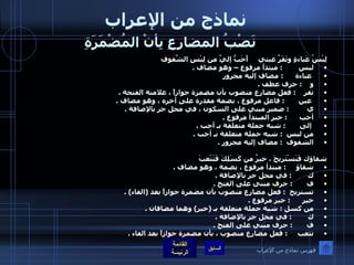 نماذج من الإعراب   نَصْبُ المضارِعِ بِأنْ المُضْمَرَةِ   لِبْسُ عَباءةٍ وتَقَرَّ عيني     أَحَبُّ إليَّ من لِبْسِ الشّفوفِ  لبس         :  مبتدأ مرفوع – وهو مضاف  . عباءة       :  مضاف إليه مجرور  و     :  حرف عطف  . تقر     :  فعل مضارع منصوب بأن مضمرة جوازاً ، علامته الفتحة  . عين        :  فاعل مرفوع ، بضمة مقدرة على آخره ، وهو مضاف  . ي          :  ضمير مبني على السكون ، في محل جر بالإضافة  .  أحب       :  خبر المبتدأ مرفوع  .      إلى        :  شبه جملة متعلقة بـ أحب  .  من لبس   :  شبه جملة متعلقة بـ أحب  .  الشفوف   :  مضاف إليه مجرور  .   شقاؤك فَتَسْتَريحَ ، خيرٌ من كَسَلِكَ فَتَتْعبَ شقاؤ      :  مبتدأ مرفوع ، بضمة ، وهو مضاف  .  ك         :  في محل جر بالإضافة  .  ف        :  حرف مبني على الفتح  .  تستريح   :  فعل مضارع منصوب بأن مضمرة جوازاً بعد  ( الفاء ) .  خير       :  خبر مرفوع  .  من كسل  :  شبه جملة متعلقة بـ  ( خير )  وهما مضافان  .  ك         :  في محل جر بالإضافة  .  ف        :  حرف مبني على الفتح  .  تتعب      :  فعل مضارع منصوب ، بأن مضمرة جوازاً بعد الفاء  .    فهرس نماذج من الإعراب 