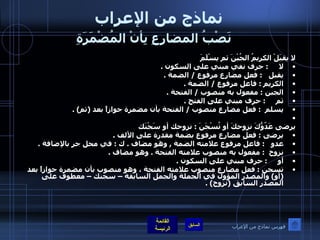 نماذج من الإعراب   نَصْبُ المضارِعِ بِأنْ المُضْمَرَةِ   لا يقبَلْ الكريمُ الجُبْنَ ثم يسْلَمَ لا      :  حرف نفي مبني على السكون  .  يقبل    :  فعل مضارع مرفوع  /  الضمة  .  الكريم  :  فاعل مرفوع  /  الضمة  .  الجبن  :  مفعول به منصوب  /  الفتحة  . ثم      :  حرف مبني على الفتح  .  يسلم   :  فعل مضارع منصوب  /  الفتحة بأن مضمرة جوازاً بعد  ( ثم ) .     يرضى عَدّوُّكَ نزوحكَ أو تُسْجَنَ  :  نزوحك أو سَجْنَك يرضى  :  فعل مضارع مرفوع بضمة مقدرة على الألف  .  عدو    :  فاعل مرفوع علامته الضمة  ,  وهو مضاف  .  ك  :  في محل جر بالإضافة  .  نزوح   :  مفعول به منصوب علامته الفتحة  .  وهو مضاف  . أو      :  حرف مبني على السكون  .  تسجن  :  فعل مضارع منصوب علامته الفتحة ، وهو منصوب بأن مضمرة جوازاً بعد  ( أو )  والمصدر المؤول في الجملة والجمل السابقة – سجنك – معطوف على المصدر السابق  ( نزوح ) . فهرس نماذج من الإعراب 