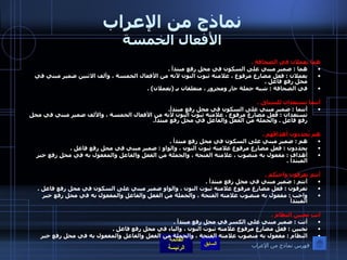 نماذج من الإعراب الأفعال الخمسة هما يعملان في الصحافةِ  .  هما  :  ضمير مبني على السكون في محل رفع مبتدأ  .  يعملان  :  فعل مضارع مرفوع ، علامته ثبوت النون لأنه من الأفعال الخمسة ، وألف الاثنين ضمير مبني في محل رفع فاعل  .  في الصحافة  :  شبه جملة جار ومجرور ، متعلقان بـِ  ( يعملان ) .   أنتما تستعدان للسباق  .  أنتما  :  ضمير مبني على السكون في محل رفع مبتدأ . تستعدان  :  فعل مضارع مرفوع ، علامته ثبوت النون لأنه من الأفعال الخمسة ، والألف ضمير مبني في محل رفع فاعل  .  والجملة من الفعل والفاعل في محل رفع مبتدأ .  هم يُحددون أهدافَهَم  .  هم  :  ضمير مبني على السكون في محل رفع مبتدأ  .  يحددون  :  فعل مضارع مرفوع علامته ثبوت النون ، والواو  :  ضمير مبني في محل رفع فاعل  .  أهداف  :  مفعول به منصوب ، علامته الفتحة ، والجملة من الفعل والفاعل والمفعول به في محل رفع خبر المبتدأ  .   أنتم تعرفون واجبَكم  .  أنتم  :  ضمير مبني في محل رفع مبتدأ  .  تعرفون  :  فعل مضارع مرفوع علامته ثبوت النون ، والواو ضمير مبني على السكون في محل رفع فاعل  .  واجب  :  مفعول به منصوب علامته الفتحة ، والجملة من الفعل والفاعل والمفعول به في محل رفع خبر المبتدأ  أنتِ تحبين النظامَ  .  أنت  :  ضمير مبني على الكسر في محل رفع مبتدأ  .  تحبين  :  فعل مضارع مرفوع علامته ثبوت النون ، والياء في محل رفع فاعل  .  النظام  :  مفعول به منصوب علامته الفتحة ، والجملة من الفعل والفاعل والمفعول به في محل رفع خبر   فهرس نماذج من الإعراب 