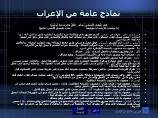 نماذج عامة من الإعراب في عُنِقِي لأُسْدِيَنَّ يَدَاًم لِكُلِّ ذي حَاجِةٍ يُرَجِّيْهَا   إِذَا وَضَعْتُ الإِحْسَانَ مَوْضِعَهُ َنَحْتُ نَفْسِي أَقْصَى أمَانِيهَا  في عنقي  :  في  :  حرف جر ،  عنقي  :   اسم مجرور بفي وعلامة جره الكسرة المقدرة على ما قبل الياء ،  وياء المتكلم  :   ضمير مبني على السكون في محل جر مضاف إليه والجار والمجرور في محل رفع خبر لمبتدأ محذوف تقديره دين  . لأسديَنّ  :  اللام  :  لام القسم ،  أسديَن  :   فعل مضارع مبني على الفتح لاتصاله بنون التوكيد الثقيلة ، والفاعل ضمير مستتر تقديره أنا ،  النون  :   نون التوكيد الثقيلة  .  والجملة جواب القسم لا محل لها من الإعراب  .  يداً  :  مفعول به منصوب بالفتحة الظاهرة على آخره  .  لكل  :  جار ومجرور متعلقان بالفعل أسدى ، و كل  :  مضاف  . ذي  :   مضاف إليه مجرور بالياء لأنه من الأسماء الخمسة ، وهو مضاف  .  حاجةٍ  :  مضاف إليه مجرور بالكسرة الظاهرة على آخره  .  يرجِيها  :  يرجِي  :   فعل مضارع مرفوع بالضمة المقدرة على الياء منع من ظهورها الثقل ، والفاعل ضمير مستتر تقديره هو يعود على كل ،  ها  :  ضمير مبني على السكون في محل نصب مفعول به ، وجملة يرجيها في محل جر على أنها صفة لحاجة  .  إذا  :  ظرف للزمان المستقبل خافض لشرطه منصوب بجوابه أداة شرط غير جازمة مبني على السكون في محل نصب  .  وضعْتُ  :   فعل ماض مبني على السكون لاتصاله بضمير رفع متحرك ،  التاء  :  ضمير متصل مبني على الضم في محل رفع فاعل  .  والجملة من الفعل والفاعل في محل جر بإضافة إذا إليها  .  الإحسانَ  :   مفعول به منصوب بالفتحة الظاهرة  .  موضِعَهُ  :   مفعول فيه  (  ظرف مكان  )  منصوب بالفتحة الظاهرة  .  و الهاء  :   ضمير مبني على الضم في محل جر مضاف إليه والظرف وما أضيف إليه متعلق بالفعل وضع  .  منحتُ  :   فعل ماض مبني على السكون ،  التاء  :   ضمير مبني على الضم في محل رفع فاعل  .  نَفْسِي  :   مفعول به أول منصوب وعلامة نصبه الفتحة المقدرة على ما قبل الياء منع من ظهورها إشغال المحل بحركة المناسبة ، و الياء  :   ضمير مبني على السكون في محل جر مضاف إليه  .  أقصَى  :  مفعول به ثانٍ منصوب بالفتحة المقدرة على الألف للتعذر وهو مضاف  .  أمانيها  :  أماني  :   مضاف إليه مجرور بالكسرة المقدرة على الياء منع من ظهورها الثقل وهو مضاف ،  ها  :  ضمير مبني على السكون في محل جر مضاف إليه  .  والجملة من الفعل والفاعل لا محل لها من الإعراب جواب الشرط  . فهرس نماذج من الإعراب 