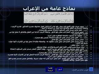 نماذج عامة من الإعراب أنت  :   ضمير مبني على الفتح في محل رفع على أنه فاعل لفعل محذوف يفسره المذكور  تقديره أكرمت ، وجملة الشرط من الفعل والفاعل في محل جر بإضافة إذ إليها  . أكرمْتَ  :   فعل ماض مبني على السكون لاتصاله بضمير رفع متحرك  . التاء  :   ضمير مبني على الفتح في محل رفع فاعل  .  وجملة أكرمت الثانية من الفعل والفاعل لا محل لها من الإعراب لأنها مفسرة  . الكريمَ  :   مفعول به منصوب بالفتحة الظاهرة على آخره  . ملكْتَه  :  ملكْ   :   فعل ماض مبني على السكون لاتصاله بضمير رفع متحرك  . التاء  :   ضمير مبني على الفتح في محل رفع فاعل  . الهاء  :   ضمير مبني على الضم في محل نصب مفعول به ، والجملة ملكته لا محل لها من الإعراب لأنها جواب شرط غير جازم  . وإن  :  الواو  :   حرف عطف  . إن  :   حرف شرط يجزم فعلين الأول فعل الشرط والثاني جوابه وجزاؤه  . أنتَ  :   فاعل لفعل محذوف يفسره المذكور تقديره أكرمت ، وهذا الفعل المقدر مبني على السكون لاتصاله بضمير رفع متحرك في محل جزم على أنه فعل شرط  . أكرمتُ  :   فعل ماض مبني على السكون لاتصاله بضمير رفع متحرك  . التاء  :   ضمير مبني على الفتح في محل رفع فاعل ، وجملة أكرمت الثانية لامحل لها من الإعراب لأنها مفسرة  . اللئيمَ  :   مفعول به منصوب بالفتحة الظاهرة على آخره  . تمرداً  :   فعل ماض مبني على الفتح ، في محل جزم على أنه جواب شرط ، والفاعل ضمير مستتر تقديره هو يعود على اللئيم ، والألف للإطلاق  . فهرس نماذج من الإعراب 