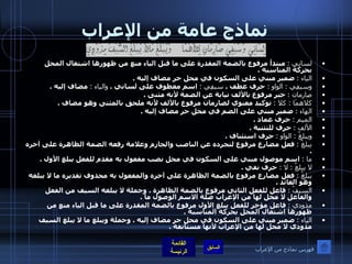 نماذج عامة من الإعراب لسانِي  :   مبتدأ مرفوع بالضمة المقدرة على ما قبل الياء منع من ظهورها اشتغال المحل بحركة المناسبة  . الياء  :   ضمير مبني على السكون في محل جر مضاف إليه  . وسيفِي  :  الواو   :  حرف عطف  .   سيفِي  :   اسم معطوف على لساني  .   والياء  :   مضاف إليه  . صارمان  :   خبر مرفوع بالألف نيابة عن الضمة لأنه مثنى  . كلاهمَا  :  كلا  :   توكيد معنوي لصارمان مرفوع بالألف لأنه ملحق بالمثنى وهو مضاف  . الهاء  :   ضمير مبني على الضم في محل جر مضاف إليه  . الميم  :   حرف عماد  . الألف  :   حرف للتثنية  . ويبلغُ  :  الواو   :   حرف استئناف  . يبلغُ  :   فعل مضارع مرفوع لتجرده عن الناصب والجازم وعلامة رفعه الضمة الظاهرة على آخره  . ما  :   اسم موصول مبني على السكون في محل نصب مفعول به مقدم للفعل يبلغ الأول  . لا يبلغُ  :  لا  :  حرف نفي  . يبلغُ  :   فعل مضارع مرفوع بالضمة الظاهرة على آخره والمفعول به محذوف تقديره ما لا يبلغه وهو العائد  . السيفُ  :   فاعل للفعل الثاني مرفوع بالضمة الظاهرة  .  وجملة لا يبلغه السيف من الفعل والفاعل لا محل لها من الإعراب صلة الاسم الوصول ما  . مذودي  :   فاعل مؤخر للفعل يبلغ الأول مرفوع بالضمة المقدرة على ما قبل الياء منع من ظهورها اشتغال المحل بحركة المناسبة  . الياء  :   ضمير مبني على السكون في محل جر مضاف إليه  .  وجملة ويبلغ ما لا يبلغ السيف مذودي لا محل لها من الإعراب لأنها مستانفة  . فهرس نماذج من الإعراب 