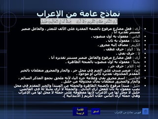 نماذج عامة من الإعراب أرى  :   فعل مضارع مرفوع بالضمة المقدرة على الألف للتعذر ، والفاعل ضمير مستتر تقديره أنا  . الناس  :   مفعول به أول منصوب  . خلانَ  :   مفعول به ثان  . الكريم ِ :   مضاف إليه مجرور  . ولا  :  الواو  :   حرف عطف  . لا  :   حرف نفي  . أرى  :   فعل مضارع مرفوع والفاعل ضمير مستتر تقديره أنا  . بخيلاً  :   مفعول به أول منصوب بالفتحة الظاهرة  . له  :  اللام  :   حرف جر  . الهاء  :   ضمير مبني على الضم في محل جر ، والجار والمجرور متعلقان بالخبر المقدم المحذوف تقديره كائن أو موجود  . العالمين  :   اسم مجرور بفي وعلامة جره الياء لأنه ملحق بجمع المذكر السالم ، والجار والمجرور متعلقان بحال محذوفة من خليل  . خليلُ  :   مبتدأ مرفوع بالضمة الظاهرة والجملة من المبتدأ والخبر المقدم في محل نصب مفعول به ثان للفعل أرى الثاني  .  والجملة لا أرى بخيلاً له في العالمين خليل لا محل لها من الإعراب لأنها معطوفة على جملة لا محل لها من الإعراب وهي جملة أرى الناس خلان الكريم  (  الابتدائية  ). فهرس نماذج من الإعراب 