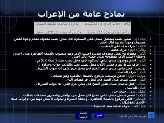 نماذج عامة من الإعراب إياك  :  إيا  :   ضمير نصب منفصل مبني على السكون في محل نصب مفعول مقدم وجوباً لفعل محذوف وجوباً تقديره اياك احذر  .  الكاف  :   حرف بدل على الخطاب  . والأمرَ  :  الواو  :   حرف عطف  . الأمرَ  :   مفعول به لفعل محذوف تقديره اجتنب الأمر وهو منصوب بالفتحة الظاهرة على آخره ، وجملة اجتنب الأمر معطوفة على جملة إياك احذر  .  الذي  :   اسم موصول مبني على السكون في محل نصب نعت  (  صفة  )  للأمر  . إن  :   حرف شرط يجزم فعلين الأول محل نصب نعت والثاني جوابه وجزاؤه  .  توسعَت  :   فعل ماض مبني على الفتح في محل جزم على أنه جواب الشرط  . التاء   :   حرف للتأنيث  .  مواردُهُ  :  مواردُ  :   فاعل توسعت مرفوع بالضمة الظاهرة وهو مضاف  . الهاء  :   ضمير مبني على الضم في محل جر مضاف إليه  .  ضاقَت  :   فعل ماضي مبني على الفتح في محل جزم على أنه جواب الشرط  . التاء  :   للتأنيث  .  عليكَ  :  على  :   حرف جر  . الكاف  :   ضمير متصل مبني على الفتح في محل جر ، والجار والمجرور متعلقان بضاقت  .  المصادرُ  :   فاعل مرفوع بالضمة الظاهرة ، وجملة الشرط والجواب لا محل لهما من الإعراب صلة الإسم الموصول  .  فما  :  الفاء  :   حرف عطف يفيد السببية  . فهرس نماذج من الإعراب 