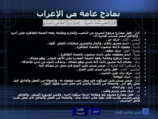 نماذج عامة من الإعراب أقولُ  :   فعل مضارع مرفوع لتجرده عن الناصب والجازم وعلامة رفعه الضمة الظاهرة على آخره ، والفاعل ضمير مستتر تقديره أنا  . للنفس  :  اللام  :   حرف جر  . النفس  :   اسم مجرور باللام ، والجار والمجرور متعلقان بالفعل  أقول  . تأساءَ  :   مفعول لأجله منصوب بالفتحة الظاهرة  . وتعزيةً  :  الواو  :   حرف عطف  . تعزيةً  :   اسم معطوف على تأساء منصوب بالفتحة الظاهرة  . إحدَى  :   مبتدأ مرفوع وعلامة رفعه الضمة المقدرة على الألف للتعذر ، وهو مضاف  . يديَّ  :   مضاف إليه مجرور بالياء لأنه مثنى وهو مضاف ، وحذفت النون من يدين للإضافة  . ياء المتكلم  (  الياء الثانية  )  :  ضمير مبني على الفتح في محل جر مضاف إليه  . أصابَتْنِي  :  أصابَ  :   فعل ماض مبني على الفتح  .  التاء  :   حرف يدل على التأنيث  . النون  :   حرف للوقاية  . الياء  :   ضمير مبني على السكون في محل نصب مفعول به  .  والجملة من الفعل والفاعل في محل رفع خبر  .  والجملة من المبتدأ والخبر في محل نصب مقول القول  . ولم  :  الواو  :   واو الحال  . لم  :   حرف نفي وجزم وقلب  . تردِ  :   فعل مضارع مجزوم بلم وعلامة جزمه سكون آخره ، وكسر لضرورة الشعر ، والفاعل ضمير مستتر تقديره هي يعود على إحدى يدي  .  والجملة من الفعل والفاعل في محل نصب فاعل أصابتني  . فهرس نماذج من الإعراب 