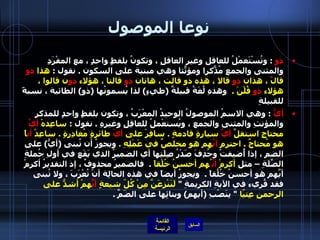 نوعا الموصول ذو   :  وتُسْتَعمْلُ للعاقل وغير العاقلِ ، وتكونُ بلفظٍ واحدٍ ، مع المفْرَدِ والمثنى والجمعِ مُذّكراً ومؤنّثاً وهي مبنية على السكون  .  نقول  :  هذا  ذو  قالَ ، هذان  ذو  قالا ، هذه ذو قالت ، هاتان  ذو  قالتا ، هؤلاء  ذو ن قالوِا ، هؤلاء  ذو  قُلْنَ  .    وهذهِ لُغَةُ قبيلةٌ  ( طيءٍ )  لذا يُسمونُها  ( ذو )  الطائية ، نسبةً للقبيلةِ  أيُّ   :  وهي الاسمُ الموصولُ الوحيدُ المعْرَبُ ، وتكون بلفظٍ واحدٍ للمذكرِ والمؤنثِ والمثنى والجمع ، ويُستعْملُ للعاقِلِ وغيرهِ  .  نقول  :  ساعِدهْ  أيَّ  محتاجٍ استقلَّ  أيَّ  سيارةٍ قادمةٍ  .  سافِرْ على  أيّ  طائرةٍ مُغادِرةٍ  .  ساعِدْ  أي اً هو مُحتاجٌ  .  احترمِ  أيَّ هم هو مخلصٌ في عَمَلِهِ  .   ويجوزُ أن تُبنى  ( أيُّ )  على الضمِ ، إذا أُضيفتْ وحُذِفَ صَدْرُ صِلَتِها أي الضميرُ الذي يَقَع في أولِ جُملةِ الصِّلَةِ – مثل  أكرمْ  أيّ ُهم أحسنُ خُلْقاً   .   فالضميرُ محذوفٌ ، إذ التقديرُ أكرِمْ أيَّهم هو أحسنُ خُلُقاً  .   ويجوزُ أيضاً في هذه الحالِة أنْ تُعْرَبَ ، ولا تُبنى فقد قُرِيء في الآيةِ الكريمةِ  "  لَنَنْزِعَنَّ مِنْ كُلّ شيعةٍ  أيَُّ همْ أشدُّ على الرحمنِ عِتيّا   "  بِنَصْبِ  ( أيهم )  وبنائِها على الضَمِّ  .   