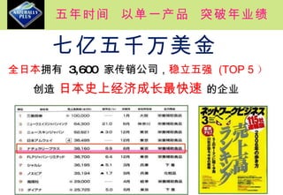 五年时间  以单一产品  突破年业绩  七亿五千万美金 全日本 拥有  3,600  家传销公司， 稳立五强  (TOP 5 ） 创造  日本史上经济成长最快速  的企业 