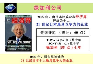 绿加利公司 2005  年，由日本权威杂志 经济界 评选为十大  21  世纪日本最具竞争力的企业 帝国评监  ( 满分： 60   点） TOYATA  ( 56  点 ） 数十年 SONY  ( 56   点 ） 数十年 禄加利   ( 55  点 ） 七年 2005  年，绿加里被选为 21  世纪 日本 十大最具竞争力的企业 