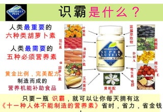 识霸 是什么 ？ 黄金比例，完美配方 制造而成的 营养机能补助食品 人类 最重要 的 六种类胡萝卜素 只要一瓶  识霸 ，就可以让你每天拥有这 《十一种人体不能制造的营养素》 省时，省力，省金钱！ 人类 最需要 的 五种必须营养素 叶黄素 茄红素 胡萝卜素 玉米黄质 黑醋栗 D H A 维生素 E 维生素 B 群 B 胡萝卜素 a 蓝莓萃取物 黄栀配质 