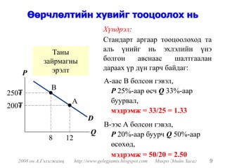 Өөрчлөлтийн хувийг тооцоолох нь
                                          Хүндрэл:
                                          Стандарт аргаар тооцоолоход та
               Таны                       аль үнийг нь эхлэлийн үнэ
            зайрмагны                     болгон     авснаас    шалтгаалан
               эрэлт                      дараах үр дүн гарч байдаг:
   P
                                          А-аас В болсон гэвэл,
               B                            P 25%-аар өсч Q 33%-аар
250₮
                         A                  буурвал,
200₮
                                            мэдрэмж = 33/25 = 1.33
                                   D
                                          В-ээс А болсон гэвэл,
                                    Q       P 20%-аар буурч Q 50%-аар
              8         12
                                            өсөхөд,
                                            мэдрэмж = 50/20 = 2.50
  2008 он А.Гэлэгжамц        http://www.gelegjamts.blogspot.com   Микро Эдийн Засаг   9
 