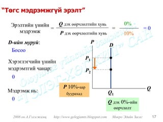“Төгс мэдрэмжгүй эрэлт”

  Эрэлтийн үнийн   Q дэх өөрчлөлтийн хувь                              0%
                 =                        =                                        =0
     мэдрэмж       P дэх өөрчлөлтийн хувь                              10%
 D-ийн муруй:                                     P
                                                              D
  Босоо
                                             P1
 Хэрэглэгчийн үнийн
 мэдрэмтгий чанар:                           P2
  0
                               P 10%-аар                                           Q
 Мэдрэмж нь:                     буурахад                     Q1
  0
                                                              Q дэх 0%-ийн
                                                                   өөрчлөлт
   2008 он А.Гэлэгжамц   http://www.gelegjamts.blogspot.com    Микро Эдийн Засаг        17
 