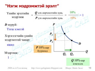 “Нэгж мэдрэмжтэй эрэлт”
 Үнийн эрэлтийн   Q дэх өөрчлөлтийн хувь                         10%
                =                        =                                =1
    мэдрэмж       P дэх өөрчлөлтийн хувь                         10%

D муруй:                                        P
 Тэгш хэмтэй
                                           P1
Хэрэглэгчийн үнийн
мэдрэмтгий чанар:                          P2
 ижил                                                                    D
                            P 10%-аар
                             буурахад                                            Q
Мэдрэмж:                                                    Q1   Q2
 1
                                                                  Q 10%-аар
                                                                    нэмэгдэх
 2008 он А.Гэлэгжамц   http://www.gelegjamts.blogspot.com    Микро Эдийн Засаг       19
 