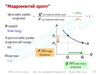 “Мэдрэмжтэй эрэлт”
 Эрэлтийн үнийн              Q дэх өөрчлөлтийн хувь               > 10%
                =                                            =                >1
    мэдрэмж                 P дэх өөрчлөлтийн хувь                  10%
D муруй:                                        P
 Хэвтээдүү
                                           P1
Хэрэглэгчийн үнийн
мэдрэмтгий чанар:                          P2                                 D
 Их
                            P 10%-аар
Мэдрэмж:                     буурахад                                             Q
                                                            Q1           Q2
 >1
                                                            Q 10%-аас илүү
                                                                 нэмэгдэх
 2008 он А.Гэлэгжамц   http://www.gelegjamts.blogspot.com     Микро Эдийн Засаг       21
 
