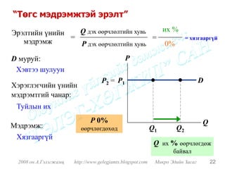 “Төгс мэдрэмжтэй эрэлт”

Эрэлтийн үнийн   Q дэх өөрчлөлтийн хувь   их %
               =                        =                                 = хязгааргүй
   мэдрэмж       P дэх өөрчлөлтийн хувь    0%
D муруй:                                      P
 Хэвтээ шулуун
                                   P2 = P1                                       D
Хэрэглэгчийн үнийн
мэдрэмтгий чанар:
 Туйлын их
                              P 0%                                               Q
Мэдрэмж:                  өөрчлөгдөхөд                      Q1       Q2
 Хязгааргүй
                                                             Q их % өөрчлөгдөж
                                                                    байвал
 2008 он А.Гэлэгжамц   http://www.gelegjamts.blogspot.com    Микро Эдийн Засаг       22
 