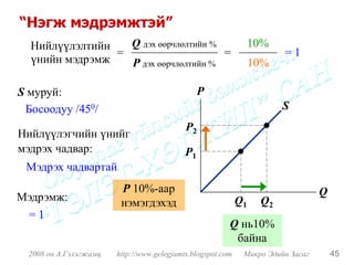 “Нэгж мэдрэмжтэй”
  Нийлүүлэлтийн   Q дэх өөрчлөлтийн %                             10%
                =                     =                                 =1
  үнийн мэдрэмж   P дэх өөрчлөлтийн %                             10%

S муруй:                                         P
 Босоодуу /450/                                                         S
                                            P2
Нийлүүлэгчийн үнийг
мэдрэх чадвар:                              P1
 Мэдрэх чадвартай
                         P 10%-аар                                                Q
Мэдрэмж:                 нэмэгдэхэд                          Q1    Q2
 =1
                                                         Q нь10%
                                                          байна
  2008 он А.Гэлэгжамц   http://www.gelegjamts.blogspot.com    Микро Эдийн Засаг       45
 