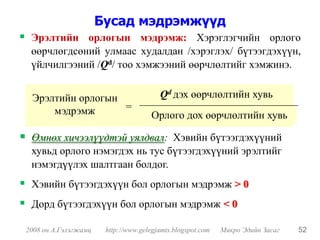 Бусад мэдрэмжүүд
 Эрэлтийн орлогын мэдрэмж: Хэрэглэгчийн орлого
 өөрчлөгдсөний улмаас худалдан /хэрэглэх/ бүтээгдэхүүн,
 үйлчилгээний /Qd/ тоо хэмжээний өөрчлөлтийг хэмжинэ.


 Эрэлтийн орлогын                       Qd дэх өөрчлөлтийн хувь
     мэдрэмж      =
                                     Орлого дох өөрчлөлтийн хувь

 Өмнөх хичээлүүдтэй уялдвал: Хэвийн бүтээгдэхүүний
 хувьд орлого нэмэгдэх нь тус бүтээгдэхүүний эрэлтийг
 нэмэгдүүлэх шалтгаан болдог.
 Хэвийн бүтээгдэхүүн бол орлогын мэдрэмж > 0
 Дорд бүтээгдэхүүн бол орлогын мэдрэмж < 0

2008 он А.Гэлэгжамц    http://www.gelegjamts.blogspot.com   Микро Эдийн Засаг   52
 