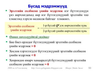 Бусад мэдрэмжүүд
 Эрэлтийн солбисон үнийн мэдрэмж нэг бүтээгдэхүүн
 үнэ өөрчлөгдөхөд өөр нэг бүтээгдэхүүний эрэлтийн тоо
 хэмжээнд хэрхэн нөлөөлж байгааг хэмжинэ.

Эрэлтийн солбисон                  1-р бүт.ий Qd дэх өөрчлөлтийн хувь
                             =
 үнийн мэдрэмж                     2-р бүт.ий үнийн өөрчлөлтийн хувь

 Өмнөх хичээлүүдтэй уялдвал:
 Бие биеэ орлодог бүтээгдэхүүний эрэлтийн солбисон
 үнийн мэдрэмж > 0
 Хослон хэрэглэгддэг бүтээгдэхүүний эрэлтийн солбисон
 үнийн мэдрэмж < 0
 Хоорондоо ямарч хамааралгүй бүтээгдэхүүний эрэлтийн
 солбисон үнийн мэдрэмж = 0
2008 он А.Гэлэгжамц    http://www.gelegjamts.blogspot.com   Микро Эдийн Засаг   53
 