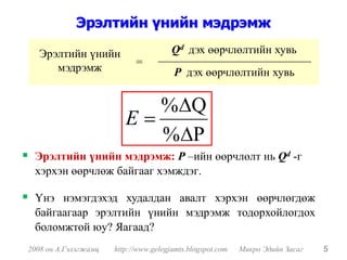 Эрэлтийн үнийн мэдрэмж

  Эрэлтийн үнийн                       Qd дэх өөрчлөлтийн хувь
     мэдрэмж                =
                                       P дэх өөрчлөлтийн хувь


                            %ΔQ
                         E=
                            %ΔP
 Эрэлтийн үнийн мэдрэмж: P –ийн өөрчлөлт нь Qd -г
 хэрхэн өөрчлөж байгааг хэмждэг.

 Үнэ нэмэгдэхэд худалдан авалт хэрхэн өөрчлөгдөж
 байгаагаар эрэлтийн үнийн мэдрэмж тодорхойлогдох
 боломжтой юу? Яагаад?
2008 он А.Гэлэгжамц   http://www.gelegjamts.blogspot.com   Микро Эдийн Засаг   5
 