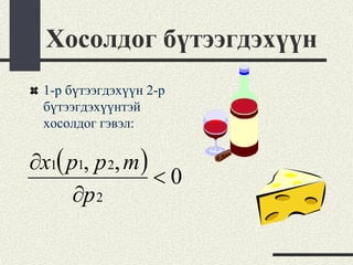 Хосолдог бүтээгдэхүүн
 1-р бүтээгдэхүүн 2-р
 бүтээгдэхүүнтэй
 хосолдог гэвэл:


∂x1( p1, p 2, m )
                  <0
      ∂p 2
 