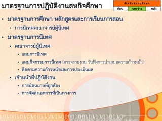 มาตรฐานการปฏิบัติงานสหกิจศึกษา                        ก่อน
                                                             สา ห รั บ ส ถ า น ศึ ก ษ า
                                                                     ระหว่าง              หลัง

• มาตรฐานการศึกษา หลักสูตรและการเรียนการสอน
  • การนิเทศคณาจารย์ผู้นิเทศ
• มาตรฐานการนิเทศ
  • คณาจารย์ผู้นิเทศ
      • แผนการนิเทศ
      • แผนกิจกรรมการนิเทศ (ตรวจรายงาน รับฟังการนาเสนอความก้าวหน้า)
      • ติดตามความก้าวหน้าและการประเมินผล
  • เจ้าหน้าที่ปฏิบัติงาน
      • การนัดหมายทีถูกต้อง
                     ่
      • การจัดส่งเอกสารที่เป็นทางการ
 
