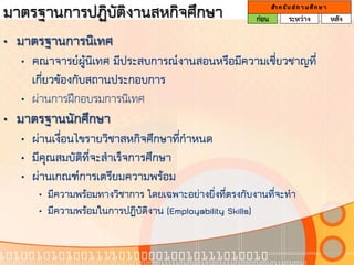 มาตรฐานการปฏิบัติงานสหกิจศึกษา                         ก่อน
                                                              สา ห รั บ ส ถ า น ศึ ก ษ า
                                                                      ระหว่าง              หลัง

• มาตรฐานการนิเทศ
  • คณาจารย์ผู้นิเทศ มีประสบการณ์งานสอนหรือมีความเชี่ยวชาญที่
    เกี่ยวข้องกับสถานประกอบการ
  • ผ่านการฝึกอบรมการนิเทศ
• มาตรฐานนักศึกษา
  • ผ่านเงื่อนไขรายวิชาสหกิจศึกษาที่กาหนด
  • มีคุณสมบัติที่จะสาเร็จการศึกษา
  • ผ่านเกณฑ์การเตรียมความพร้อม
     • มีความพร้อมทางวิชาการ โดยเฉพาะอย่างยิ่งที่ตรงกับงานที่จะทา
     • มีความพร้อมในการปฏิบัติงาน (Employability Skills)
 