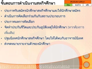 ขั้นตอนการดาเนินงานสหกิจศึกษา                  ก่อน
                                                      สา ห รั บ ส ถ า น ศึ ก ษ า
                                                              ระหว่าง              หลัง

• ประกาศรับสมัครนักศึกษาสหกิจศึกษาและให้นักศึกษาสมัคร
• ดาเนินการคัดเลือกร่วมกันกับสถานประกอบการ
• ประกาศผลการคัดเลือก
• จัดทาประกันชีวิตและประกันอุบัติเหตุให้นักศึกษา (หากต้องการ
  เพิ่มเติม)
• ปฐมนิเทศนักศึกษาสหกิจศึกษา โดยให้ได้พบกับอาจารย์นิเทศ
• ส่งจดหมายรายงานตัวของนักศึกษา
 