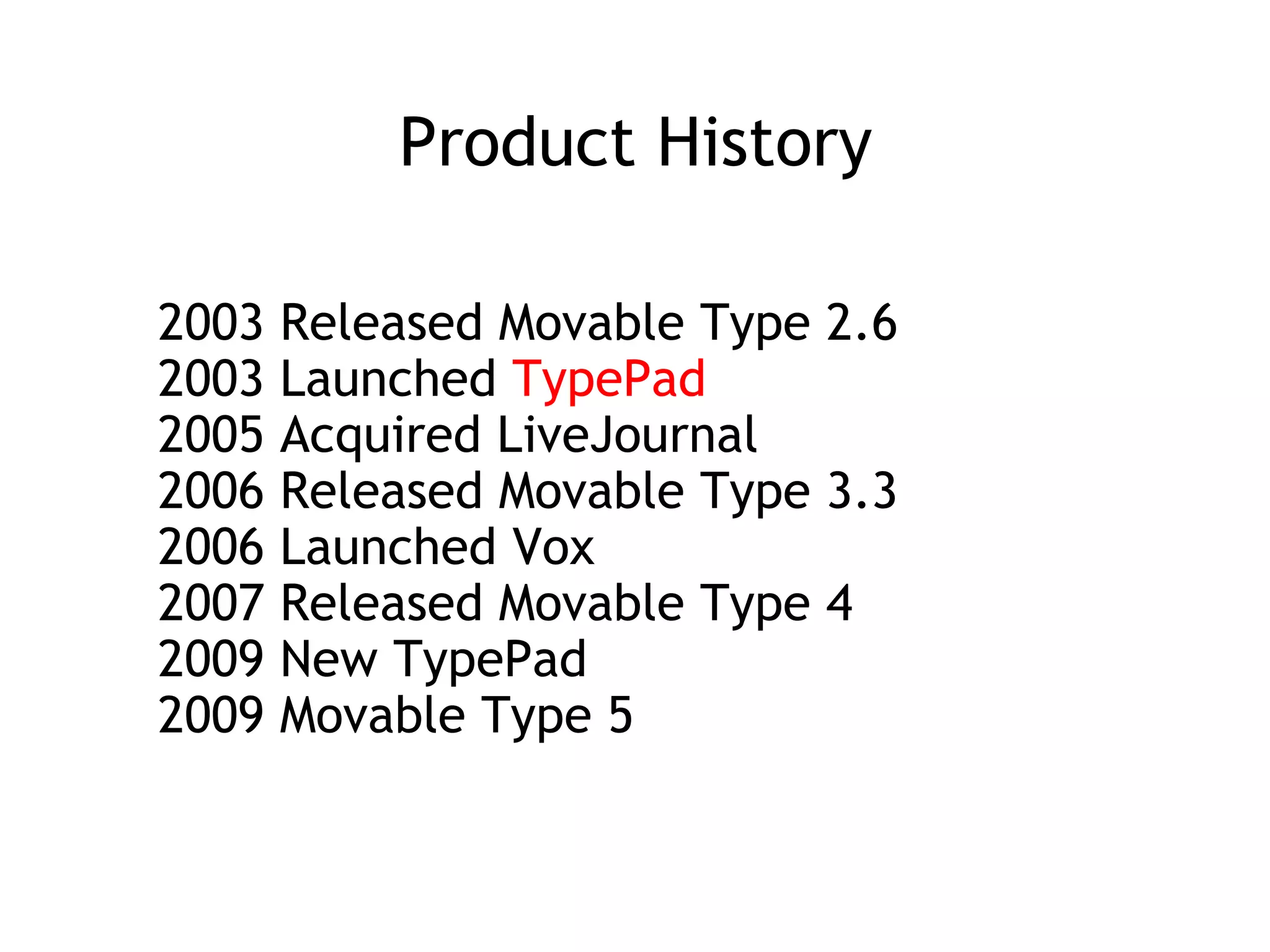 Product History 2003 Released Movable Type 2.6 2003 Launched  TypePad 2005 Acquired LiveJournal 2006 Released Movable Type 3.3 2006 Launched Vox 2007 Released Movable Type 4 2009 New TypePad 2009 Movable Type 5 