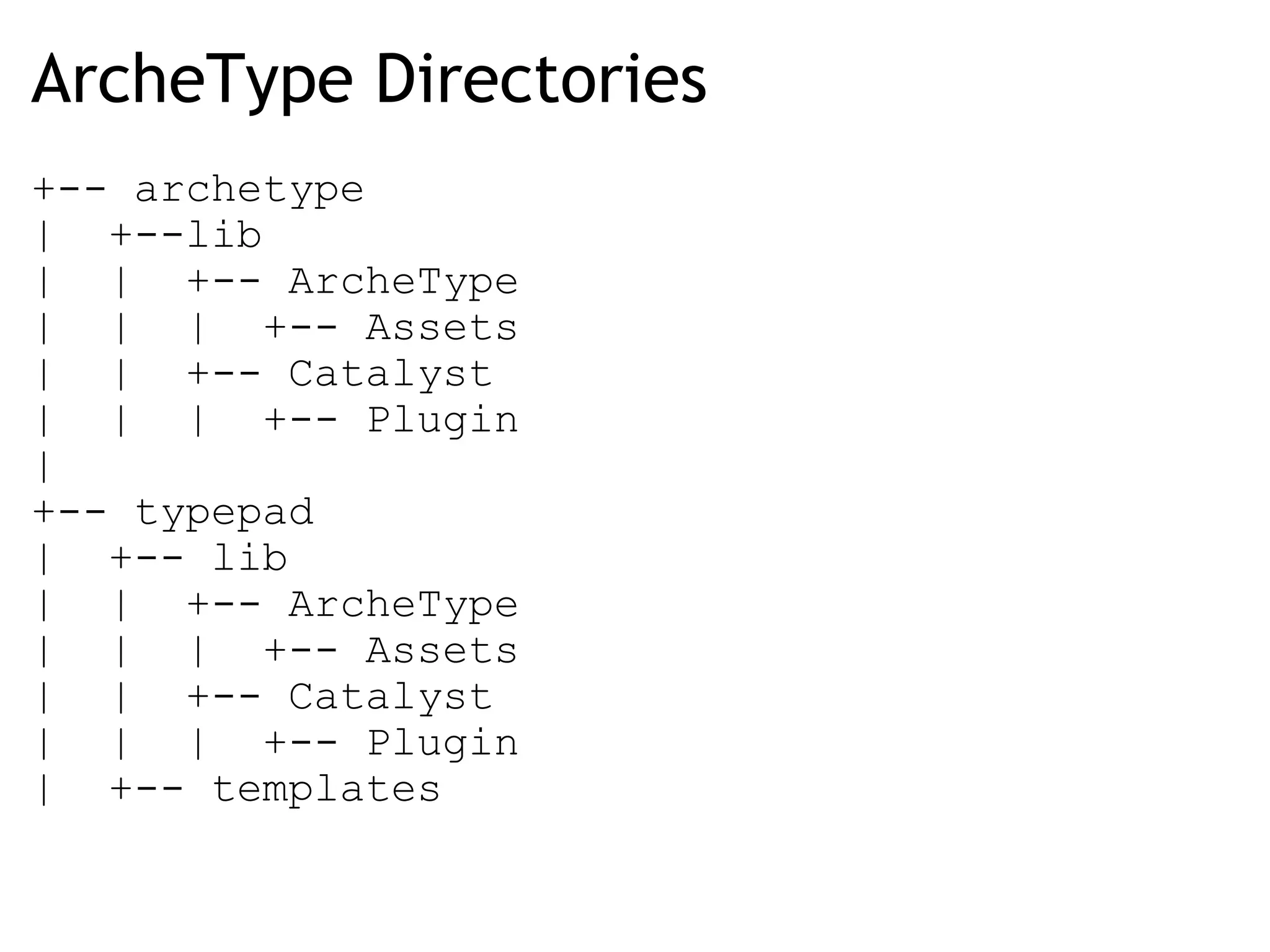 ArcheType Directories +-- archetype |  +--lib |  |  +-- ArcheType |  |  |  +-- Assets |  |  +-- Catalyst |  |  |  +-- Plugin | +-- typepad |  +-- lib |  |  +-- ArcheType |  |  |  +-- Assets |  |  +-- Catalyst |  |  |  +-- Plugin |  +-- templates 