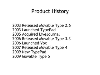 Product History 2003 Released Movable Type 2.6 2003 Launched TypePad 2005 Acquired LiveJournal 2006 Released Movable Type 3.3 2006 Launched Vox 2007 Released Movable Type 4 2009 New TypePad 2009 Movable Type 5 