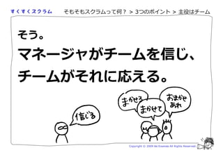 そもそもスクラムって何？ > 3つのポイント > 主役はチーム



そう。
マネージャがチームを信じ、
チームがそれに応える。



                   Copyright © 2009 Aki Enomoto All Rights Reserved.
 