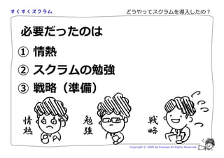 どうやってスクラムを導入したの？



必要だったのは
① 情熱
② スクラムの勉強
③ 戦 （厜厵）

情      勉                戦
熱      強                略
            Copyright © 2009 Aki Enomoto All Rights Reserved.
 