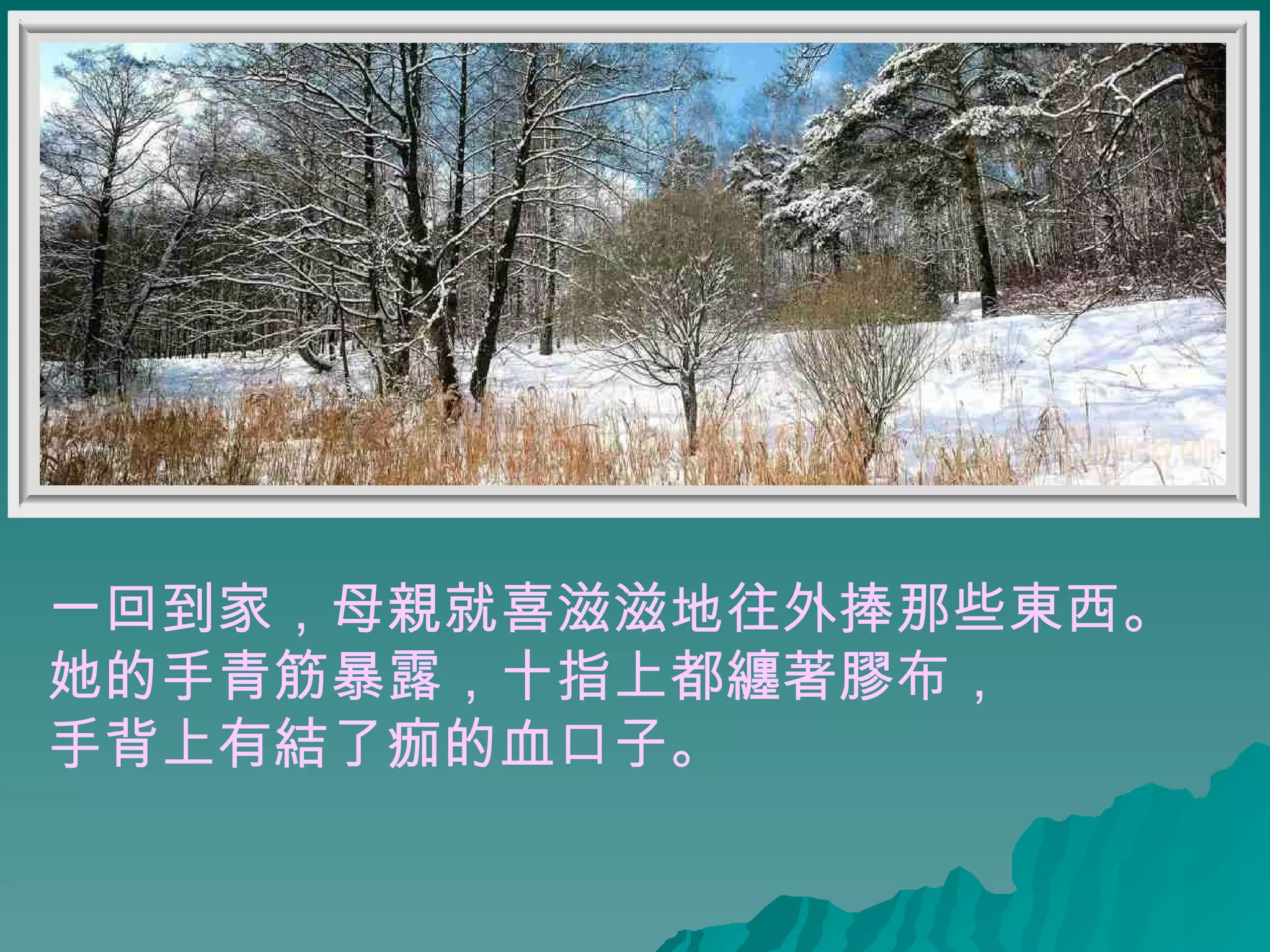 一回到家，母親就喜滋滋地往外捧那些東西。 她的手青筋暴露，十指上都纏著膠布， 手背上有結了痂的血口子。   