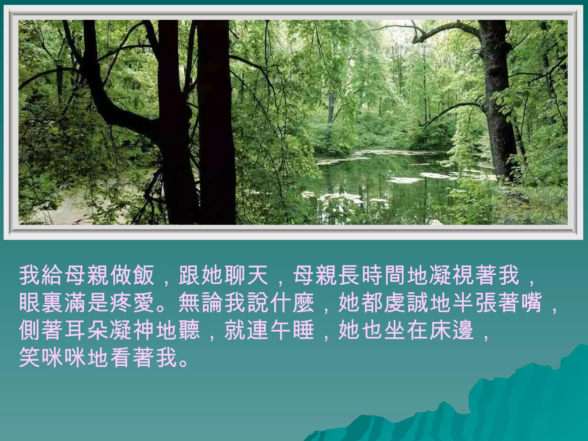 我給母親做飯，跟她聊天，母親長時間地凝視著我， 眼裏滿是疼愛。無論我說什麼，她都虔誠地半張著嘴， 側著耳朵凝神地聽，就連午睡，她也坐在床邊， 笑咪咪地看著我。  
