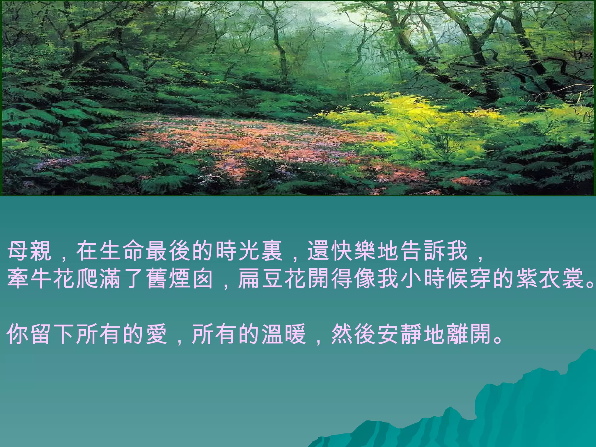 母親，在生命最後的時光裏，還快樂地告訴我， 牽牛花爬滿了舊煙囪，扁豆花開得像我小時候穿的紫衣裳。 你留下所有的愛，所有的溫暖，然後安靜地離開。  