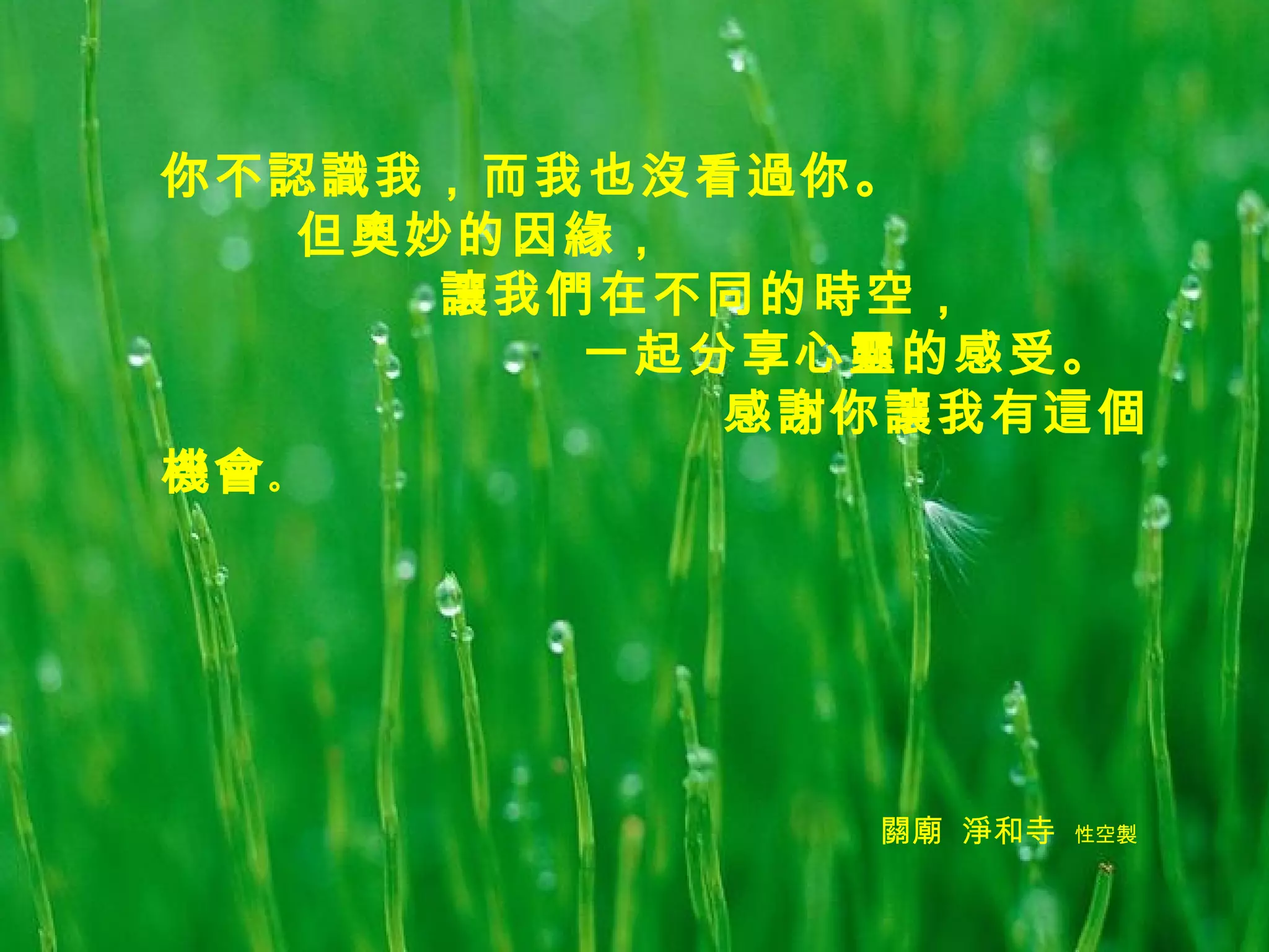 你不認識我，而我也沒看過你。 但奧妙的因緣， 讓我們在不同的時空， 一起分享心靈的感受。  感謝你讓我有這個機會 。 關廟  淨和寺  性空製 