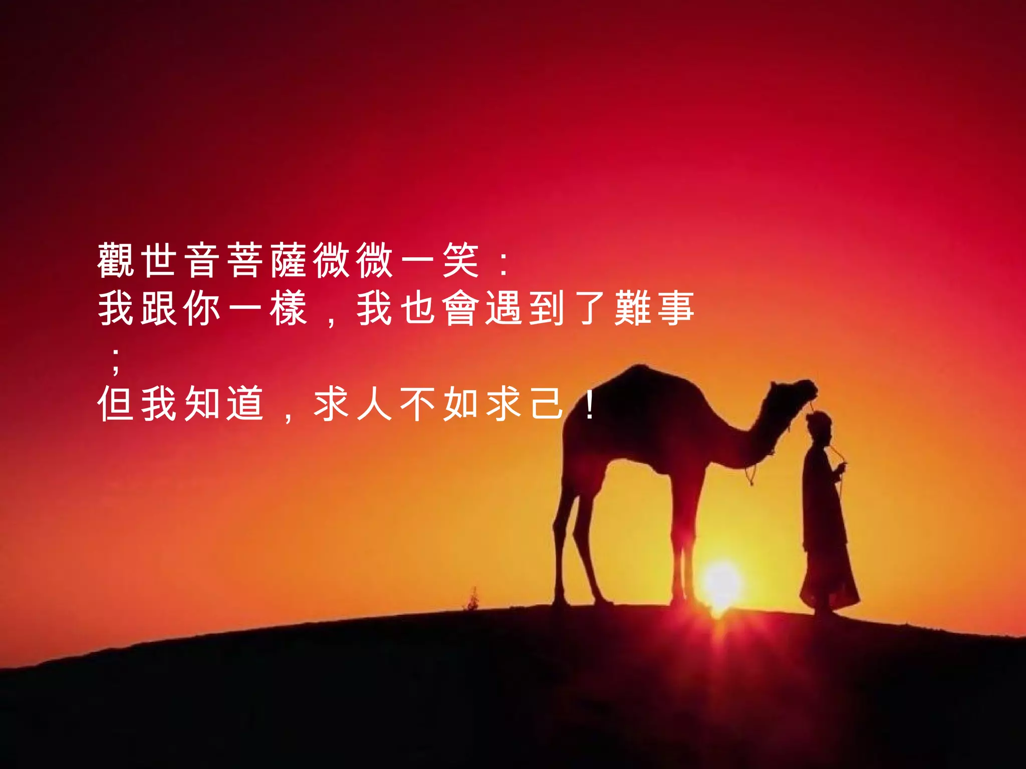 觀世音菩薩微微一笑： 我跟你一樣，我也會遇到了難事； 但我知道，求人不如求己！ 