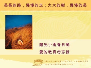 長長的路，慢慢的走；大大的樹，慢慢的長 陽光小雨春日風 愛的教育勿忘我 