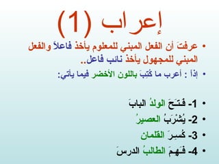 إعراب  (1) عرفتَ أن الفعل المبني للمعلوم يأخذ  فاعلاً  والفعل المبني للمجهول يأخذ  نائب فاعل .. إذاً  :  أعرب ما كُتِبَ  باللون الأخضر  فيما يأتي : 1-  فَـتـَحَ  الولدُ  البابَ 2-  يُشْرَبُ  العصيرُ 3-  كُسِـرَ  القلمان 4-  فـَهِـمَ  الطالبُ  الدرسَ 