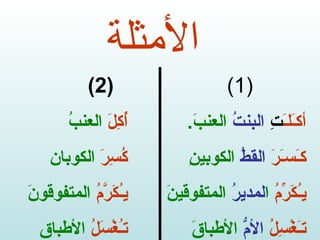 الأمثلة (1) أكـَلـَ تِ  البنتُ   العنبَ . كـَسـَرَ   القطُ  الكوبينِ يـُكَرِّمُ  ا لمديرُ  المتفوقينَ تـَغْسِلُ   الأمُّ  الأطباقَ (2) أُكِلَ   العنبُ كُسِرَ   الكوبان يـُكَرَّمُ  المتفوقونَ تـُغْسَلُ  الأطباق 