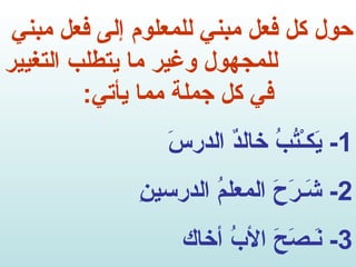 حول كل فعل مبني للمعلوم إلى فعل مبني  للمجهول وغير ما يتطلب التغيير في كل جملة مما يأتي : 1-  يَكـْتُبُ خالدٌ الدرسَ 2-  شَـرَحَ المعلمُ الدرسينِ 3-  نَـصَحَ الأبُ أخاك 