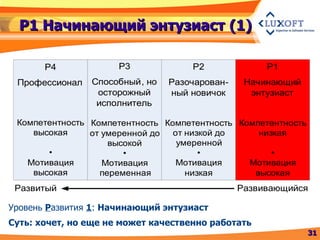 Р1 Начинающий энтузиаст (1) Уровень  Р азвития  1 :  Начинающий энтузиаст Суть: хочет, но еще не может качественно работать 